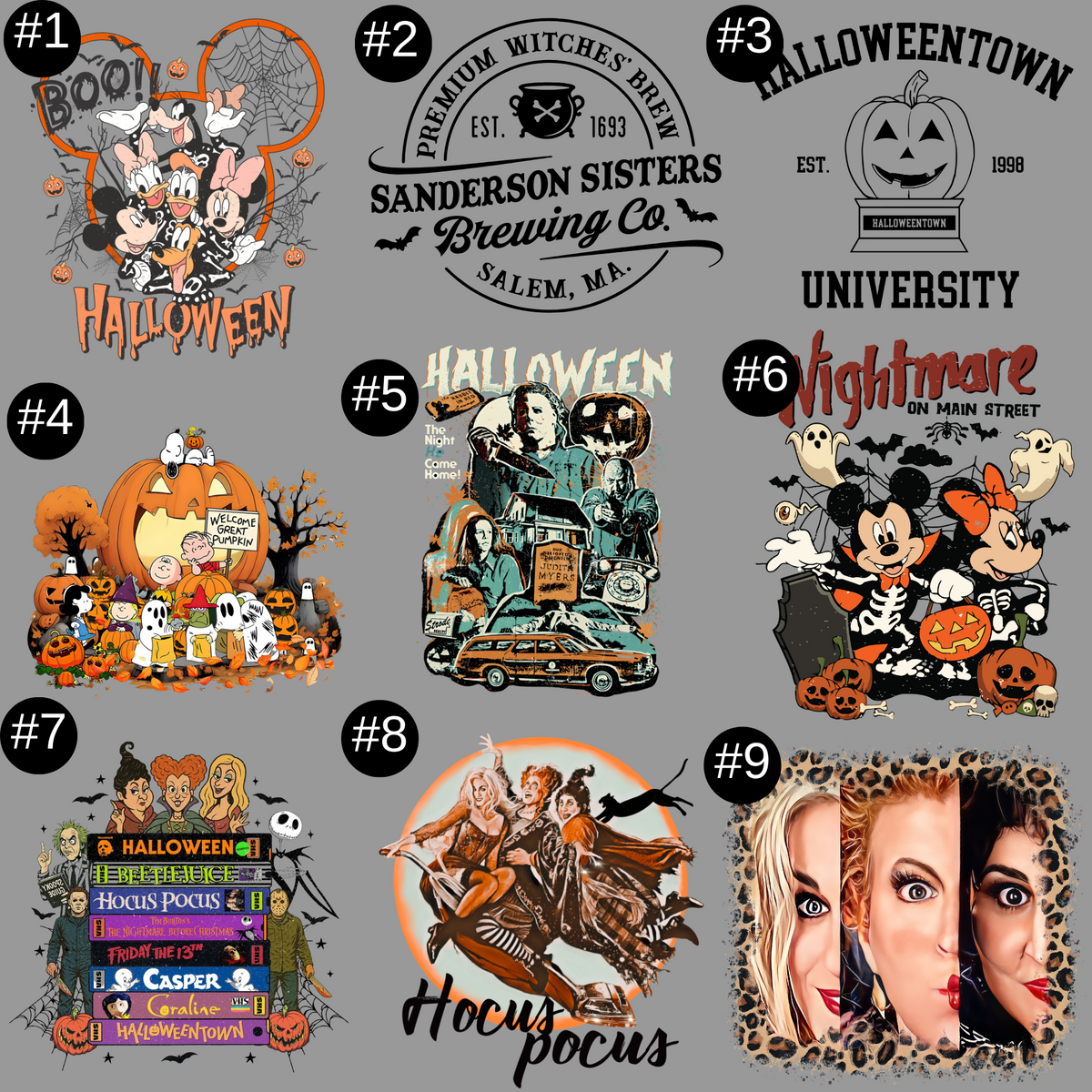 Halloween graphic tee designs 1 through 9